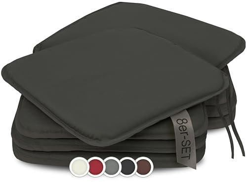 ZOLLNER 8er Set Sitzkissen in 38x38cm - gemütliche Stuhlkissen mit Bindebänder - waschbar bis 30°C - in grau - Oeko Tex® Zertifiziert