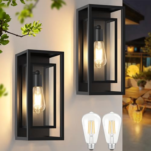 Feanron - Outdoor Wall Lantern Waterproof Black Porch Wall Sconces Wall Lighting with Clear Glass Shade, Anti-Rust, 14 Inch Tall