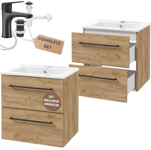 .Deftrans Lavabo avec meuble bas de 50 cm de large avec deux tiroirs - Lavabo avec meuble bas suspendu, robinet noir et siphon - Meuble de lavabo avec lavabo