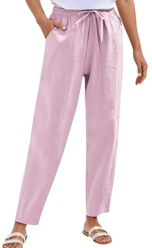 Pantalon Lin Et Coton Femme Taille Elastique Ample Pantalon Crayon Femme été Leger Fluide Large Grande Taille Confortable Casual Jogging Trousers (Rose, XXL)