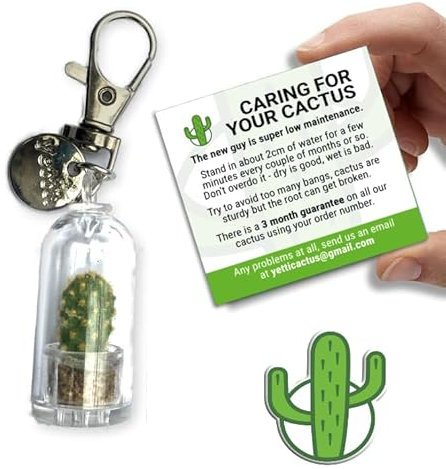 Yetti | Real Cactus Keyring - Living Plant Gift Keychain (Prickly Pear - Single) | Tiny Plant Gift for Cactus Lovers