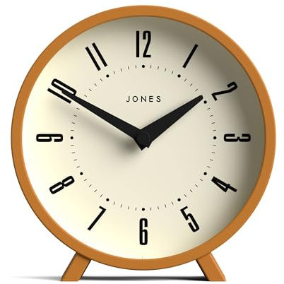 JONES CLOCKS® Venus schreibtischuhr | Modernes rundes Design | Senfgelb | Stilvoller retrolook für Regal, Tisch, kaminsims oder nachttisch
