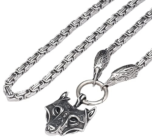 TQWSVUM Herren Wikinger Wolfskopf Anhänger 6MM Königskette Halskette, Nordisches Odin Keltisches Edelstahl Fenrir Amulett, Handgefertigtes Vintage Heidnisches Skandinavisches Schmuckgeschenk