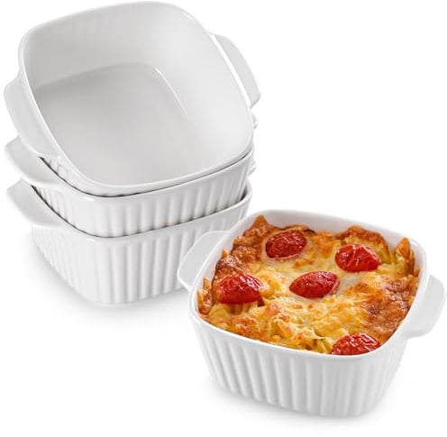 NUTRIUPS 400 ml Ceramic Baking Dishes Set of 4, 5.7x4.5x2.2'' Square Baking Dishes for Air Fryer, White Small Baking Dish, Ceramic Bakeware with Handles, Oven-Safe & Microwave-Safe