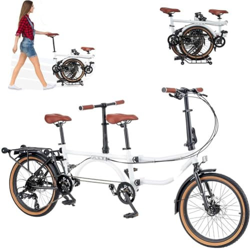 Mixtric Fahrrad Für 2 Personen Rahmen Aus Karbonstahl 7-Gang-Schaltung Scheibenbremsen Vorne Und Hinten Faltbares Hinterrad,Weiß,20 in
