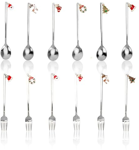 Mulaibdin 12 Pcs Christmas Cutlery, Dessert Spoons & Cake Forks Set, Xmas Teaspoons Stainless Steel, Latte Spoons Silver with Christmas Pendants, Ice Cream Spoon Metal for Party,Home,Kitchen,Gifts