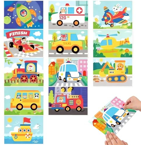 LEIIERUY 12 Stück Kinder Bastelset Fahrzeuge 3D Eva Schaumstoff Aufkleber Set doppelseitig 18x12 cm für kreative DIY Projekte Zuhause Kindergarten Party
