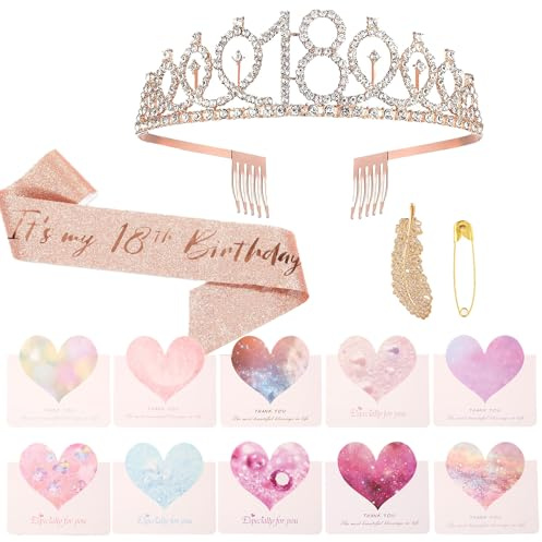 Deko 18. Geburtstag Mädchen, 18. Geburtstag Mädchen Deko, 18 Geburtstag Deko, Rose Gold Party Deko, Krone & Schärpe, 18. Geburtstag Geschenk, Partyzubehör (10 Grußkarten & 1 Feder-Haarspange)