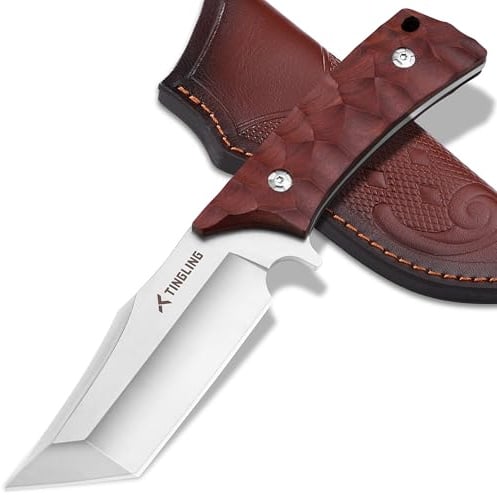 Tingling Coltello da Campeggio Tanto a Lama Fissa Coltello da Bushcraft e Campeggio con Fodero, Filo Intero, Rosso