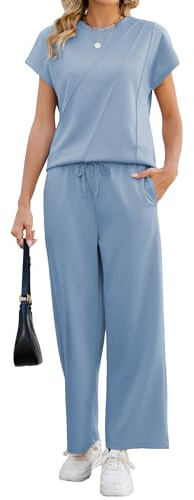 Famulily Tracksuit Womens Full Set Crew Neck Pleated Front Tops & Elastic Cropped Trousers Leisure Suit with Pockets Blue L
