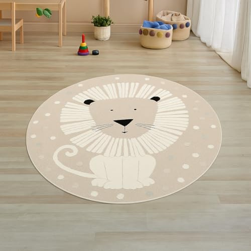 Teppich-Traum Kinderteppich Löwenmuster Beige Creme 120 cm Rund | Safari-Design, Raubtier, Hoch-Tief-Effekt, weich, pflegeleicht, strapazierfähig, OEKO-TEX, Kinderzimmer und Babyzimmer