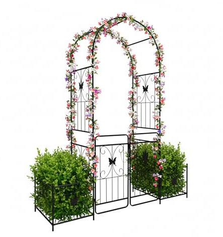 Relaxdays Powder-Coated Iron Rose Arch with Double Gate, Planters, 220x202x50 cm, Black Garden Arch