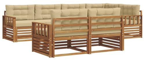 vidaXL Outdoor-Sofagarnitur mit Kissen 7 pcs Natur und Beige, Balkonsofa, modernes Eckmöbel, robuster Lounge, Terrassen-Sitzgruppe, bequemer Gartenstuhl