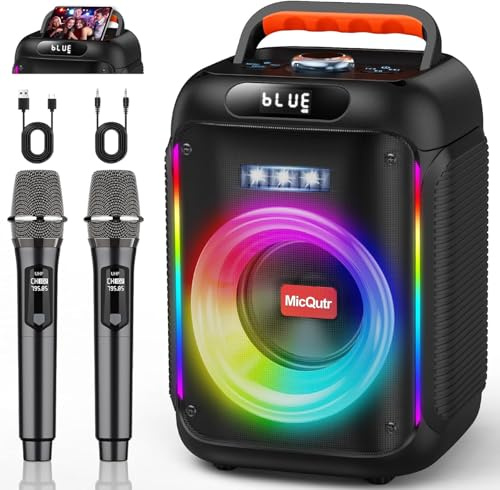 Karaoke-Maschine mit 2 Mikrofonen für Erwachsene Kinder, Bluetooth-Caraoke-Lautsprecher mit Bass/Höhenverstellung, PA-System mit Fernbedienung/LED-Lichter, unterstützt Rec/USB/AUX (dunkelschwarz)