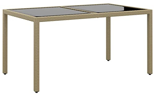 Drillkyn Gartentisch 150x90x75 cm Poly Rattan mit gehärteter Glasplatte und pulverbeschichtetem Stahlgestell in Beige für Terrasse Balkon und Garten zum Essen Grillen Feiern