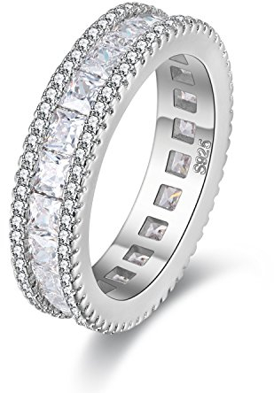 Uloveido Damen Weißes Gold Überzogene Baguette Cut Eternity Ringe Zirkonia Kanal Einstellung Hochzeit Engagement Band Ring für Frauen 57 (18.1) PJ4279