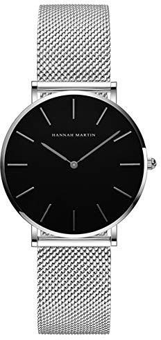 HANNAH MARTIN Damen Uhren Analog Quarz Edelstahl Wasserdicht Mesh Ultradünne (Schwarz Oberfläche ,Silber Armband)