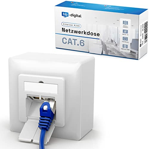 hb-digital 1 prise réseau CAT 6 pour CAT.8, CAT.7, CAT.6A, CAT.6, CAT.5 avec 2 ports RJ45 | Prise de données universelle EIA/TIA 568A&B 8P8C Gigabit Ethernet RAL9003 blanc de signal
