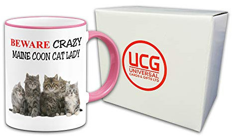 UCG Beware Crazy Maine Coon Cat Lady Funny Novelty Mug - Pink Ceramic Round Mug, 9.5cm x 9.5cm