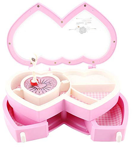 MAGT Spieluhr Schmuckkästchen, Doppelherz Ballerina Musikalische Schmuckschatulle Schmuck Aufbewahrungskoffer Geschenke für Kleine Mädchen (Rosa)