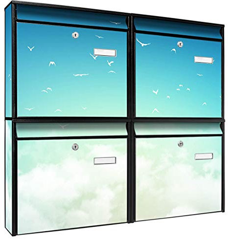 Briefkastenanlage 4 Fach | Postkästen 72x64x10cm groß | verzinkter Stahl Silber DIN A4 Motiv Wolken 8 | Briefkasten Set 4 Briefkästen Namensschild, 2 Schlüssel, Montagematerial