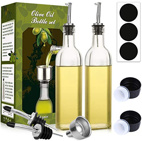 AOZITA [2 PACK] 17 oz Glass Olive Oil Dispenser Bottle Set - 500ml Clear Oil & Vinegar Cruet Bottle with Pourers, Funnel and Labels