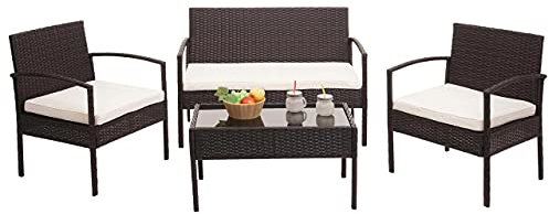 Mendler Poly-Rattan Garnitur HWC-F56, Balkon-/Garten-/Lounge-Set Sitzgruppe - braun, Kissen Creme