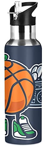 Vnurnrn Musique Mignonne De Basket-Ball De Sport Bouteille d'eau Isotherme avec Paille en Acier Inoxydable Gourde 600ML, Sans Bpa Gourdes Eau pour Enfant Sport Randonnée École Bureau