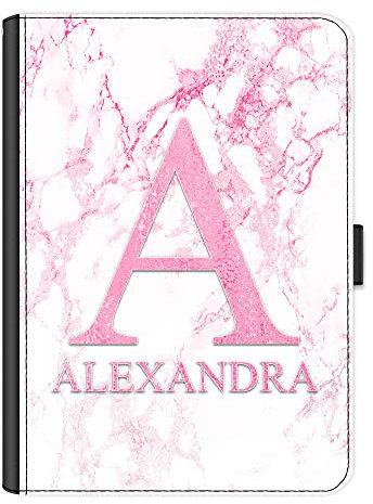 Personalised Apple iPad Case - Pink White Marble with Initial, 360 Swivel PU Leather Side Flip Folio Cover for iPad 10, 9, 8, 7, 6, Air 11, Pro 12.9, 13 inch, Mini