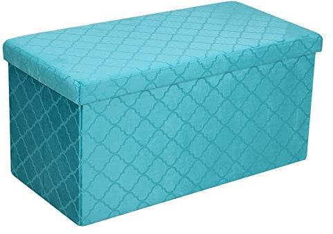 Folding Storage Ottoman Velvet Lattice Storage Box Pressed Velvet Seat Stool Chair Footstool Pouffe Bench (76cm x 38cm, Teal)