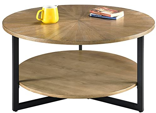 PADMA HOUSE Table Basse Bois, Table Basse Ronde pour Salon 85 cm, Tables Basses Circulaire à 2 Niveaux avec Rangement, Cadre en Métal (Nature Rustique)