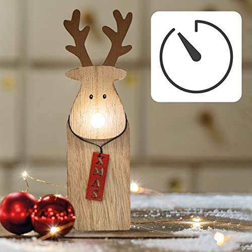 Hellum LED Holz-Rentier mit leuchtender Nase, ca. 20cm hoch, 1 LED, warmweiß, batteriebetrieben (2x AAA, nicht enthalten), innen IP20, Winterdecoration, Dekoration, Weihnachtsdekoration, 524659