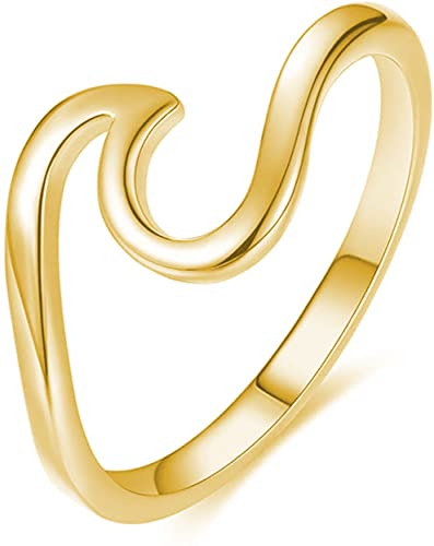 WAVE Ring aus 925 Sterling Silber | Damenring Nickelfrei & Anlaufgeschützt mit Welle | Ringe Minimalistisch Meereswelle Schmal Wellenring (58, Gold)