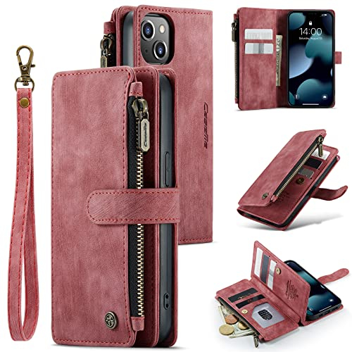 UEEBAI Wallet Case for iPhone 13 6.1 inch, Premium Handmade PU Leather Phone Case Card Slots Magnetic Closure Zipper Pocket Kickstand Flip Case with Hand Strap - Vintage Red