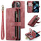 UEEBAI Wallet Case for iPhone 13 6.1 inch, Premium Handmade PU Leather Phone Case Card Slots Magnetic Closure Zipper Pocket Kickstand Flip Case with Hand Strap - Vintage Red