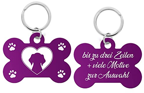 Aluminium Hundemarke Hundeknochen mit Gravur - Hundemarke personalisiert mit hochwertiger Lasergravur, Adressanhänger Hund personalisiert für Hunde oder Katzen (violett), 39x26x1 mm, PIU-HM-KNO-01