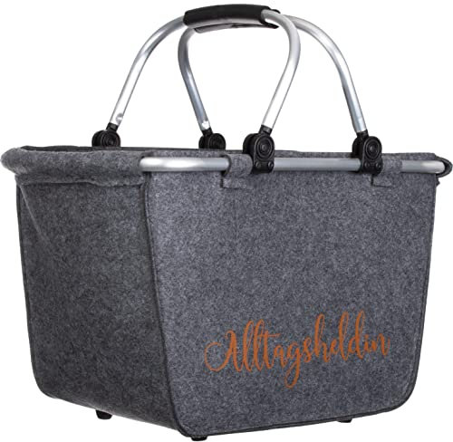 Brandsseller Einkaufskorb | Großer Filzkorb für den Alltag | XXL Korb mit Aufdruck Alltagsheldin | mit Aluminiumhenkel | ca. 48 x 28 x 29 cm | Grau - Bronze