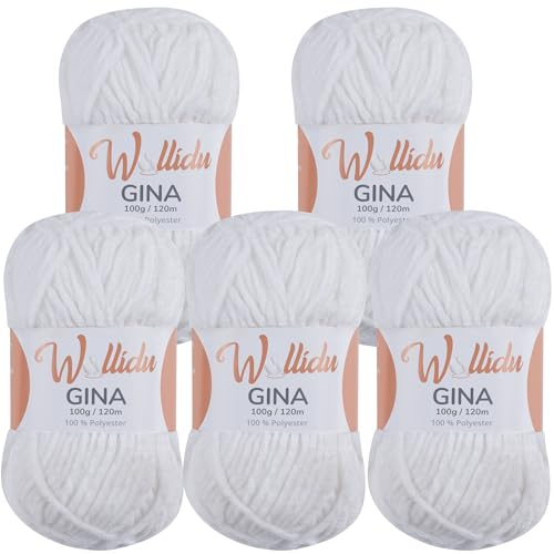 Wollidu Gina Chenille Garn zum Stricken und Häkeln 5 x 100g/120m Set 100% Polyester - Weiß