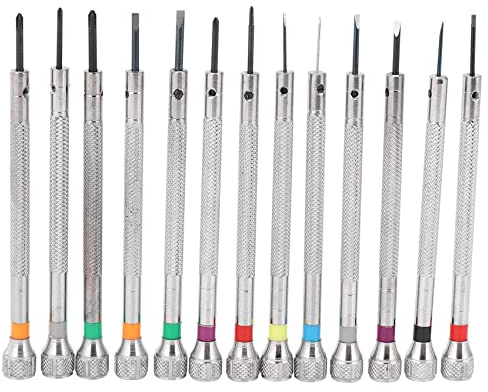 Josenidny 0.6 mm - 2.0 mm 13 Pieces Watchmakers Screwdriver Set Watch Glasses Flat Blade Assortment Slotted Flat Screws Turner Set, Jewelers Watch Screws Turner for Watchmakers, silver