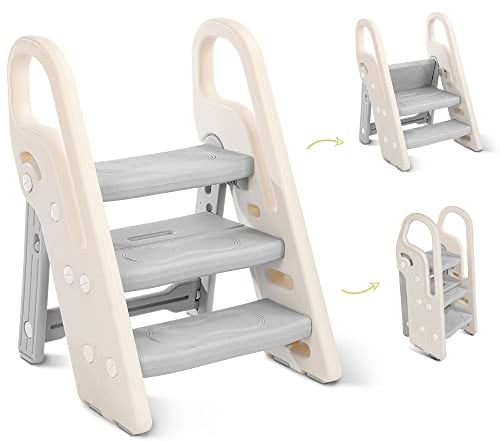 Onasti Sgabello a tre gradini pieghevoli per bambini, Scaletta 3 gradini per bambini, Sedile per Addestramento per WC, Multifunzione, Regolabile in Altezza, Antiscivolo (Grigio)