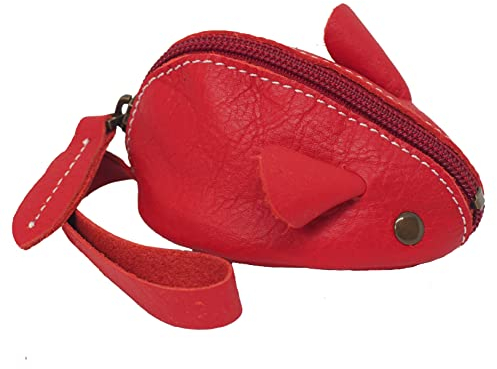 BAWAKO Kleingeldbörse Maus aus Leder - Schlüsseltasche Münzbörse Münzbeutel Coin Purse klein Geldbörse Geldbeutel Kleingeldportemonnaie (Rot Matt)