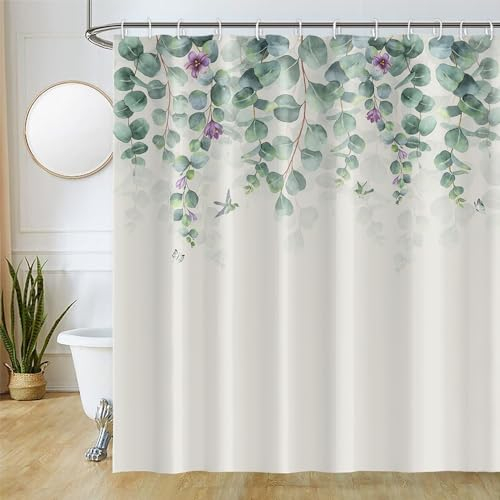Uiiooazy Duschvorhang 180x180cm, Duschvorhang Anti Schimmel Grüne Blätter Lila Violett Blumen Pflanzenmotiv Duschvorhänge Wasserdicht Polyester Stoff Waschbar Bad Vorhang mit 12 Haken für Badezimmer