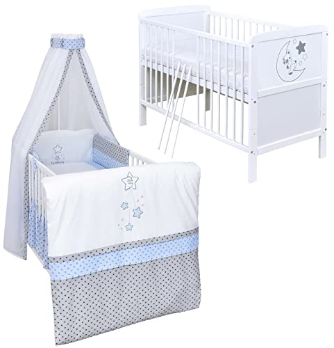 Generisch Baby Delux Babybett Komplett Set Kinderbett umbaubar zum Juniorbett weiß 140x70 Felix Bettwäsche mehrteilig (Magic Stars Blau)