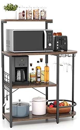TANGZON 4-Tier Baker’s Rack, Industrial Microwave Stand with Removable Top Shelf, Glass Holders, S-Hooks & Adjustable Foot Pads, Freestanding Utility Kitchen Storage Shelves Organiser
