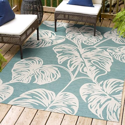 JONATHAN Y HWC100C-3 Tobago High-Low Zweifarbiger Monstera-Blatt Indoor/Outdoor Teppich, Blumen, Küste, Land, Hinterhof, Terrasse, Veranda, leicht zu reinigen, fusselfrei, 3 x 5, blau/elfenbein