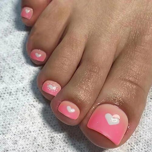 AKOFIC 24pcs False Toenails Short Square, French Glossy Heart Stick on Toenails, Pink Full Cover Press on Toenails, Artificial Fake Toenails for Big Toe Women Grils Manicure Art