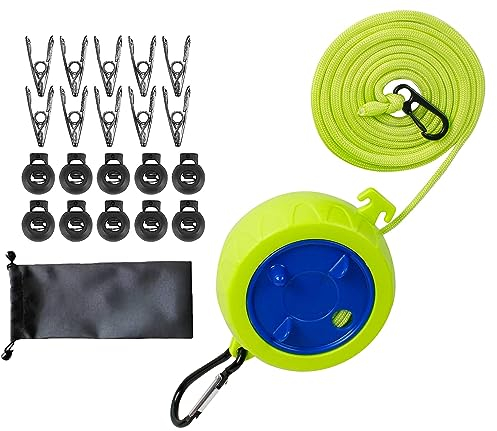 Corde a Linge Retractable,Fil Rétractable,Lot de 10 m de Corde à Linge Portable Anti-enroulement, de Voyage, avec 10 Boucles Fixes et 10 Pinces Coupe-Vent