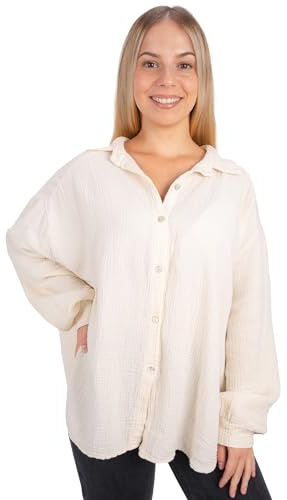 Lolus Kurze Musselinbluse Oversized Musselin Hemdbluse mit Knopfverschluss aus 100% Baumwolle (Sasha - Creme)