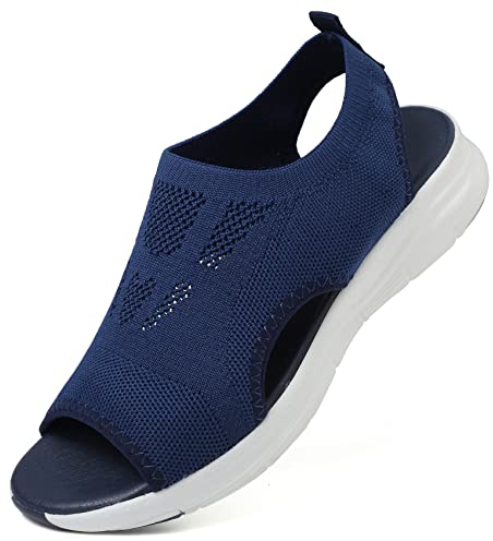 Unitysow Damen Sandalen Sommer Flach Slide Bequeme Arch Support Orthopädische Sandalen Freizeit Leicht Strand Sandale,Blau,Gr.39