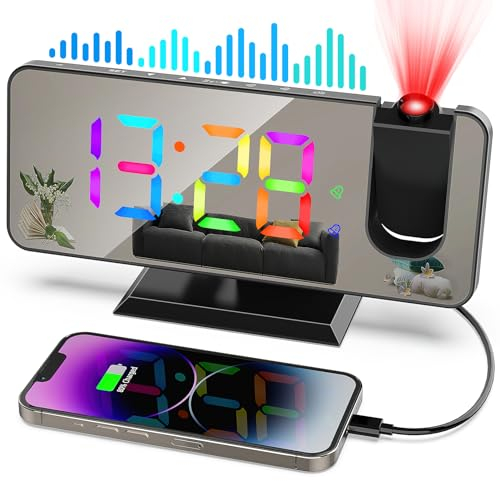 zerotop 7.4“ Radio Reveil Projecteur Réveil Horloge Digitale Horloge Numérique avec Port de USB,5 Niveaux de Luminosité, Double Alarme, Snooze, 12/24h, Reveil Projecteur Plafond pour Chambre (Noir)